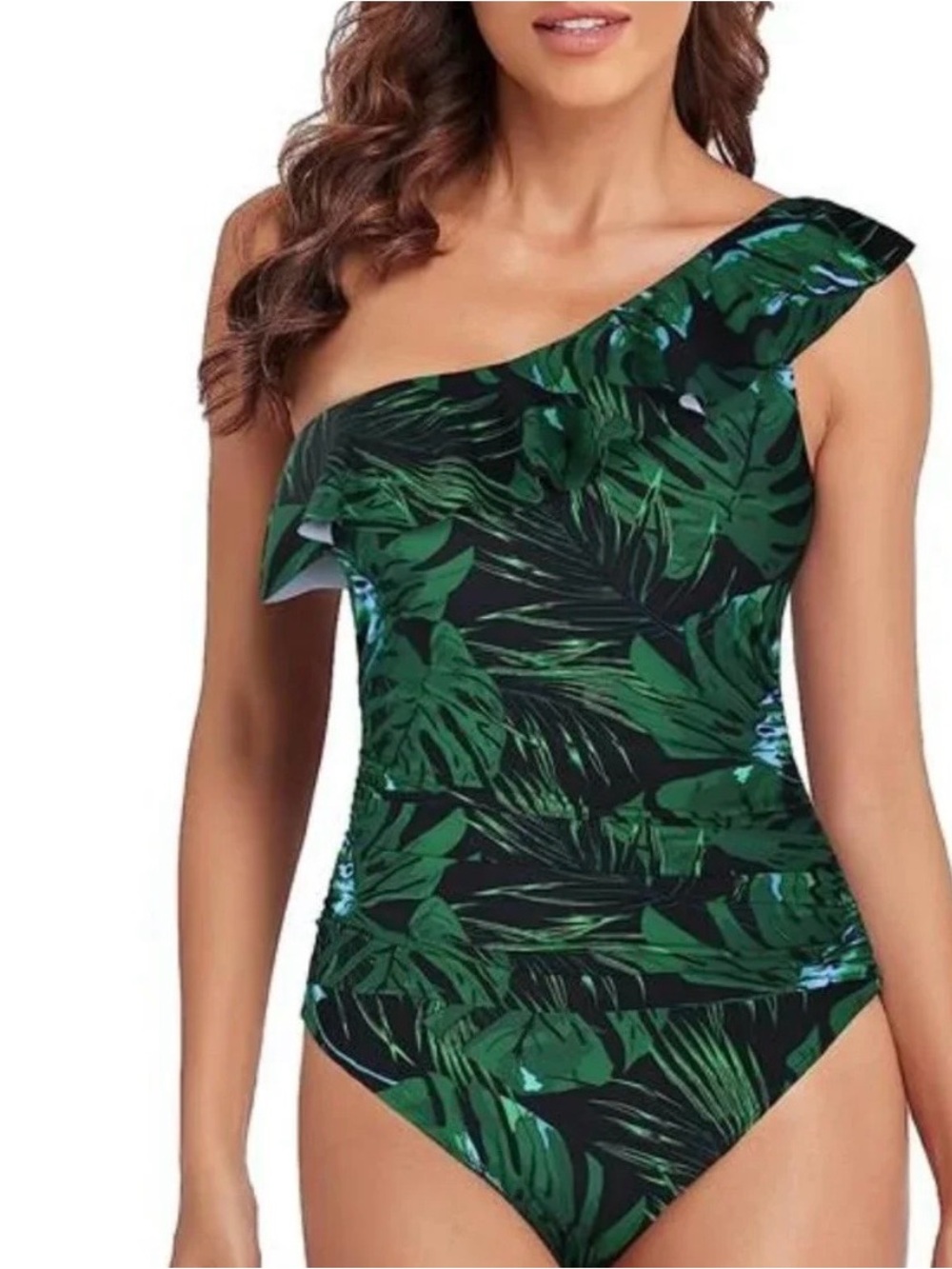 One-Shoulder Tropical Leaf Print Women’s Swimsuit - Green